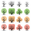 Set of sixteen vector tree with green, yellow, red leaves and without leaves