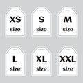 Set of size clothing label icons, white silhouette with black inscription. Vector illustration Royalty Free Stock Photo