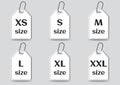 Set of size clothing label icons, white silhouette with black inscription. Vector illustration Royalty Free Stock Photo