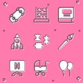 Set Skateboard, Abacus, Book, Rocket ship toy, Puzzle pieces, Paint brush, Smart Tv and Baby stroller icon. Vector