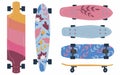 Set of skateboard and longboard icons in flat style isolated on white background. bright boards with flowers. Extreme sport.