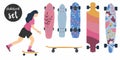 Set of skateboard and longboard icons in flat style isolated on white background. young woman on skate board. bright boards with