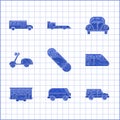 Set Skateboard, Retro minivan, Off road car, Train, Old city tram, Scooter, Car Volkswagen beetle and School Bus icon