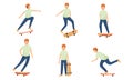 Set of skateboard teenage boy in helmet skates and performs various complex tricks. Vector illustration in flat cartoon