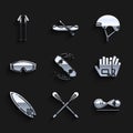 Set Skateboard trick, Crossed paddle, Gloves, Surfboard, Ski goggles, Helmet and poles icon. Vector Royalty Free Stock Photo