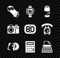 Set Skateboard trick, Wrist watch, Floor lamp, Vinyl disk, Calculator, Retro typewriter, Photo camera and 80s icon