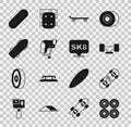 Set Skateboard wheel, Broken skateboard, helmet, and icon. Vector