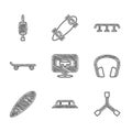 Set Skateboard wheel, stairs with rail, Y-tool, Headphones, Longboard or skateboard, and Screwdriver icon. Vector Royalty Free Stock Photo