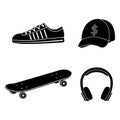 Set of skateboarder cap, skateboard, headphones, sneakers, black stencil, isolated illustration on a white background Royalty Free Stock Photo