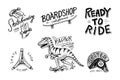 Set of Skateboarding labels logo. Skater Dinosaur tyrannosaur rex rides on the board.. Urban design for badges, emblems