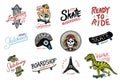 Set of Skateboarding labels logo. Skater Dinosaur tyrannosaur rex rides on the board.. Urban design for badges, emblems Royalty Free Stock Photo