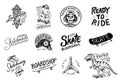 Set of Skateboarding labels logo. Vector illustration with Skeleton for skater. Urban design for badges, emblems t-shirt Royalty Free Stock Photo