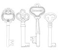 Set of Skeleton Keys Illustrations Vintage No fill Lineart outlines Royalty Free Stock Photo