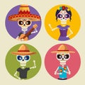 Set skeletons men wearing hat and catrina to celebrate event