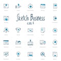 Set of sketch business icons with blue accent