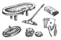 Set of sketch casino items or equipment. Vector