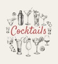 Set sketch cocktails and alcohol drinks hand drawn illustration