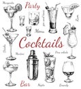 Set sketch cocktails and alcohol drinks hand drawn illustration Royalty Free Stock Photo