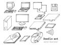 Set of sketch computers. Doodle pc, laptop, tablet, floppy, mail, chat box. Retro Computer icon in Hand-drawn style. Cartoon eleme Royalty Free Stock Photo