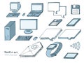 Set of sketch computers. Doodle pc, laptop, tablet, floppy, mail, chat box. Retro Computer icon in Hand-drawn style. cartoon Vecto Royalty Free Stock Photo