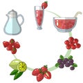 A set of sketch drawings. Ingredients for punch, lemonade, strawberry, raspberry, blueberry, cranberry, lime. Menu