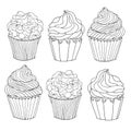Set of sketch drawn black contour cupcakes, decorated with cream, isolated on white background. Template for coloring or design