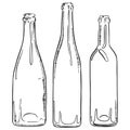 Set of sketch empty wine bottles. Vector hand drawn contour of bottles