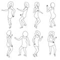 Set of sketch ink hand drawn dancing curly ladies in different poses. Doodle collection of woman dancers contours, disco party