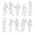 Set of sketch ink hand drawn dancing ladies in different poses. Doodle collection of woman dancers contours, disco party