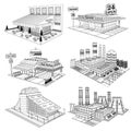 Set sketch isometric buildings of cafe, pizzeria, hotel, supermarket, factory, nuclear power plant isolated