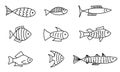 Set of sketch line drawing fish icons