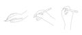 Set of sketch line illustrations of hand holding pen and writing or drawing in three different gesture positions Royalty Free Stock Photo