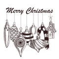 set of sketch style christmas balls hanging on the phrase merry christmas Royalty Free Stock Photo