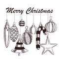 set of sketch style christmas balls hanging on the phrase merry christmas Royalty Free Stock Photo
