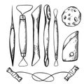 Set of sketch of tools for pottery and sculpting with hatching. Hobbies and workshop. Cutter, wire, sponge. Vector engraving