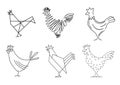 Set of sketches of birds roosters