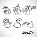 Set of sketches of funny cute snowman