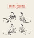 Set girl laptop education online courses vector