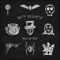 Set of sketches Halloween icons on black chalkboard