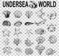 A set of sketches of the inhabitants of the underwater world. different types of shells, corals, starfish, fish jellyfish in diffe