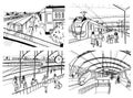 Set of sketches with railway station. Passengers on platform, waiting, arriving and departing train. Hand drawn black