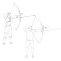 Set Sketches silhouettes attractive female and male archer bending a bow and aiming in the target