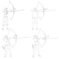 Set Sketches silhouettes attractive female and male archer bending a bow and aiming in the target