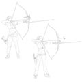 Set Sketches silhouettes attractive female and male archer bending a bow and aiming in the target