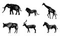 Set of Sketchy Silhouettes of Animals of Africa. Elephant, Giraffe, Lion, Impala, Zebra and Gnu.