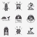 Set of ski club, Patrol Labels. Bundle of vintage mountain winter camp explorer badges. Royalty Free Stock Photo