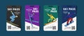 Set of ski pass cards, admission for lift to the mountain slopes with colorful illustrations of skier and snowboarder Royalty Free Stock Photo