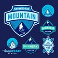 Set of Ski Snowboard Snow Mountains Sport Logos or Vintage Labels, Colorful on Blue Background