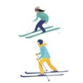 set of skiers Young woman or girl and boy riding on skis on snow, winter. Flat vector illustration in cartoon style Royalty Free Stock Photo