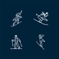 Set of Skiing icons. Pictographs of linear winter sports. Snowboarder, Skiing, Slalom, Ski jumping.